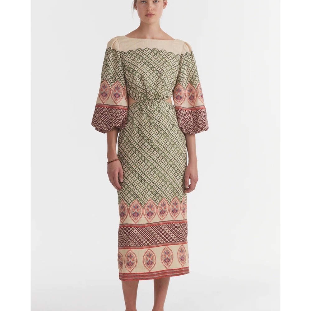 Saloni Neelam Tan Green Linen Puff Sleeve Cutout Midi Dress Sz 4 Boho Festival